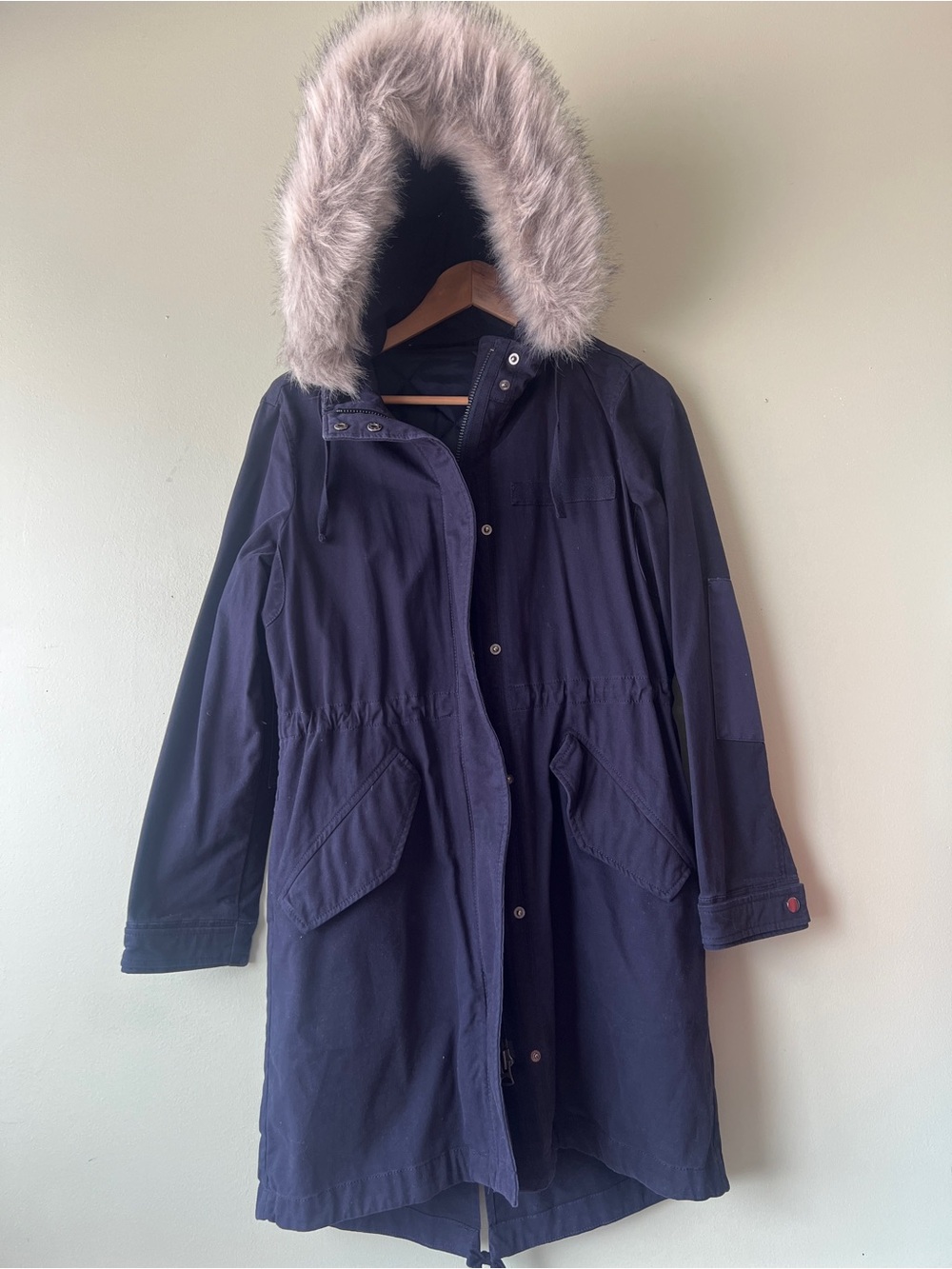 Gap Navy Hooded Coat w Faux-Fur Hood and Removable Primaloft Liner NWOT XS